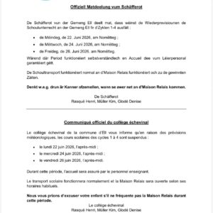 Wichteg Matdeelung bezüglech dem Schoulunterrecht fir déi kommend Deeg