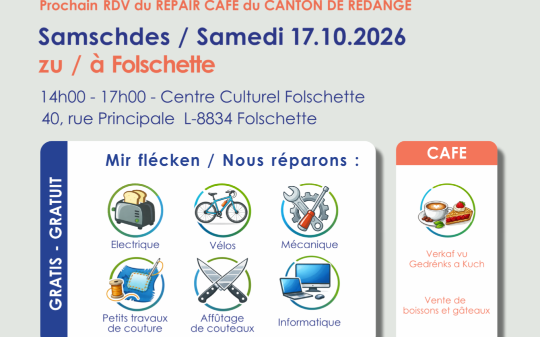 REPAIR CAFÉ 2026 am Kanton Réiden – Samschdes de 17/10/2026 zu Foulscht