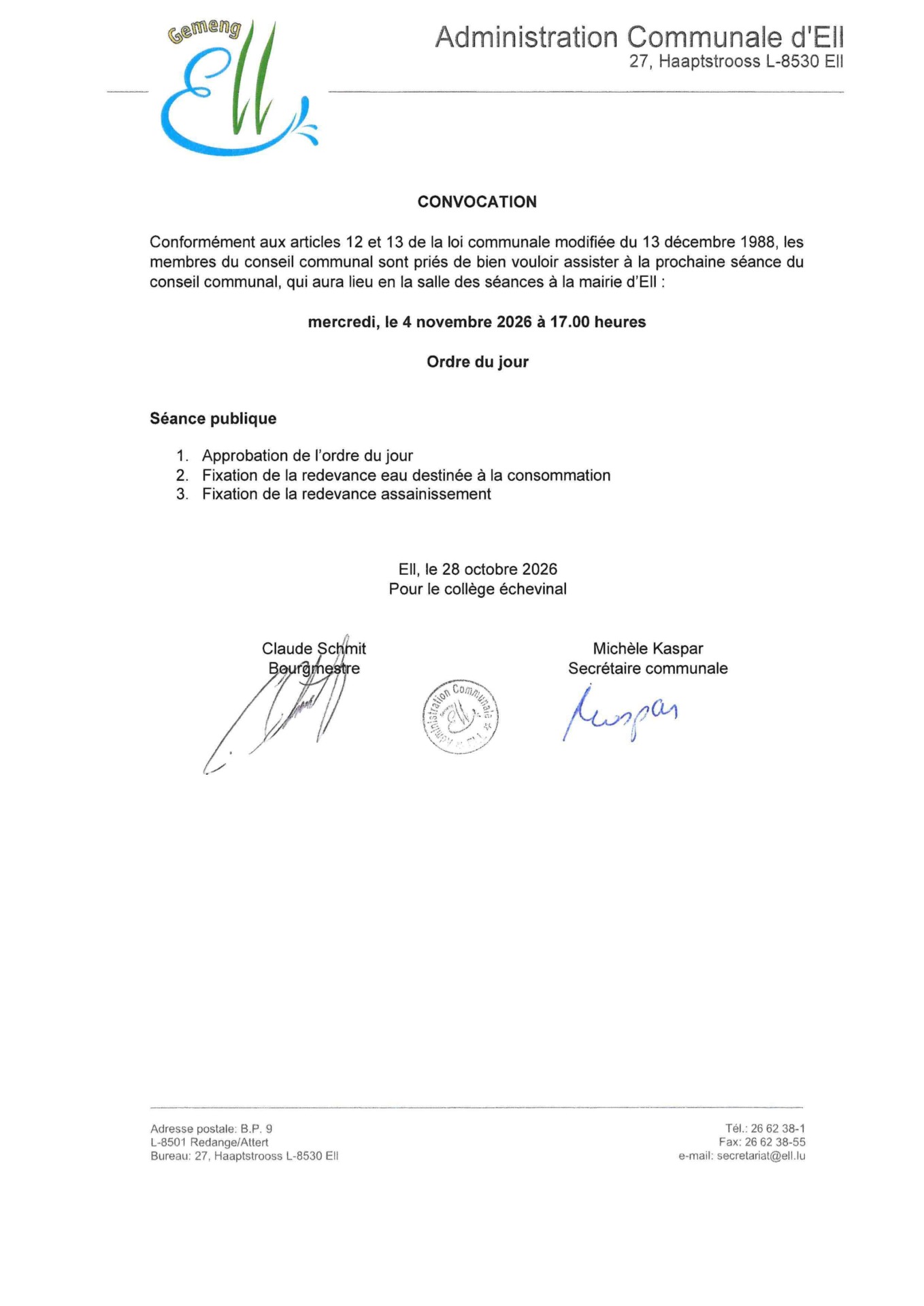 Convocation séance du Conseil Communal 04/11/2026